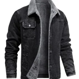 Men’s Slim Fit Black Denim Shearling Lining Jacket
