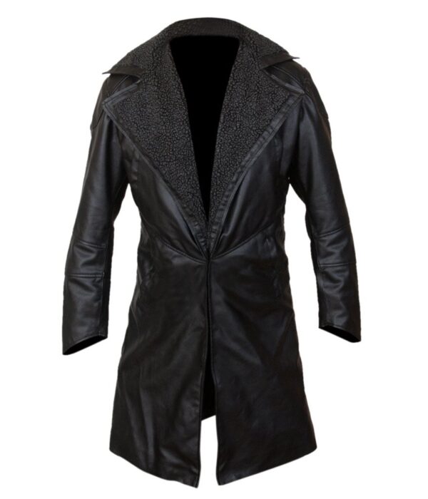 Blade Runner Inspired Black Leather Trench Coat – Men’s Long Motorcycle Duster Jacket with Shearling Collar