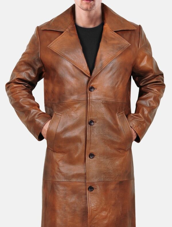Men’s Casual Brown Long Leather Coat – Classic Casual Vintage Leather Overcoat Jacket