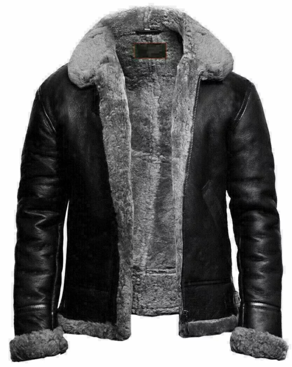 B3 Grey Shearling Aviator Jacket – Black Leather Bomber Flight Jacket