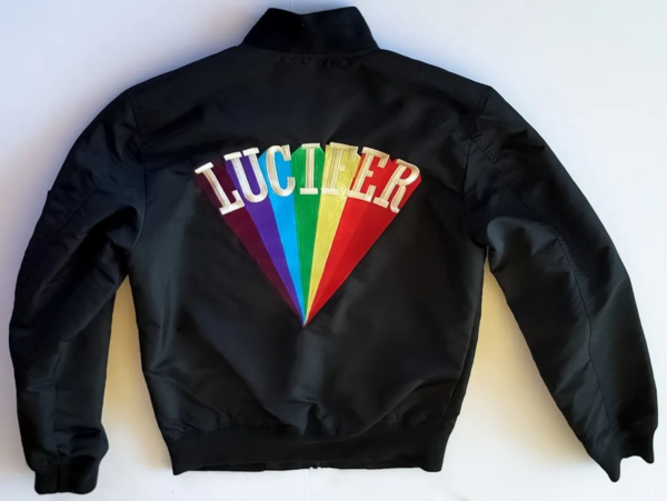 Men’s Black Lucifer Rising satin  Graphic Bomber Jacket Rainbow Gothic Streetwear