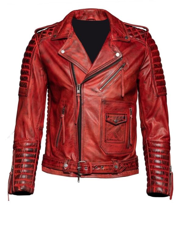 Men’s Red Distressed Quilted Leather Biker Jacket – Vintage Motorcycle Moto Jacket with Belt